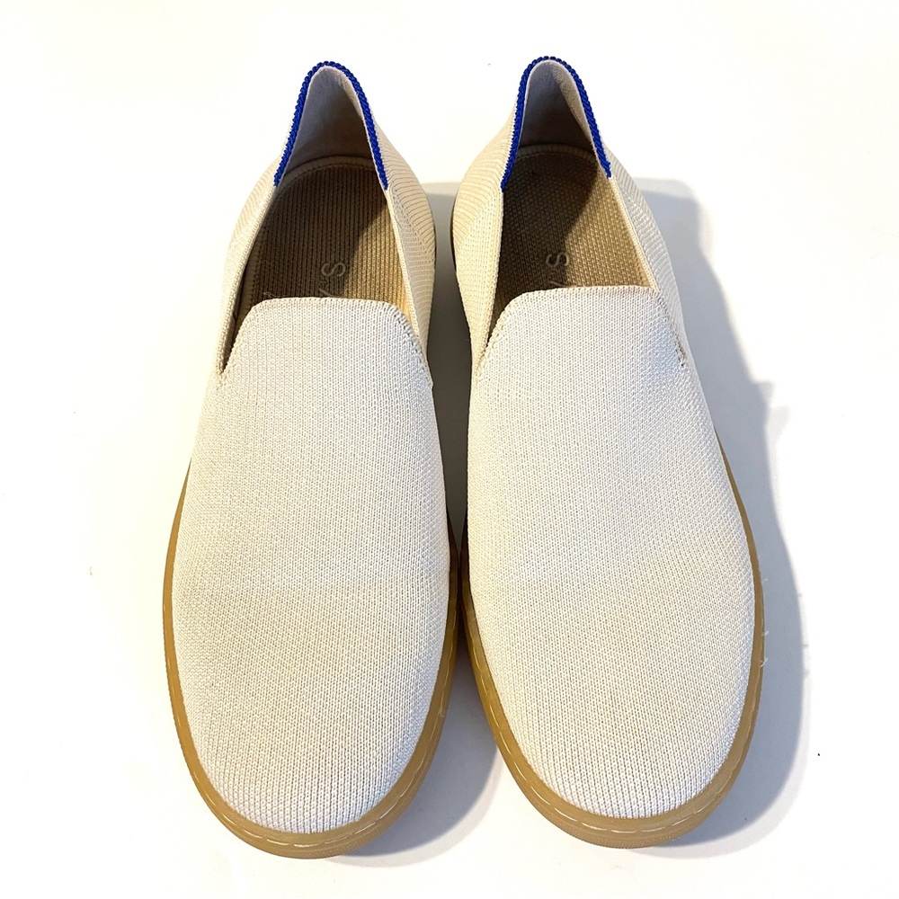 Rothy's Cream Slip-On Sneakers with Tan Sole and Blue Trim